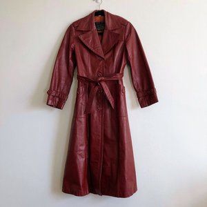 Vintage Maroon Leather Long Trench Coat